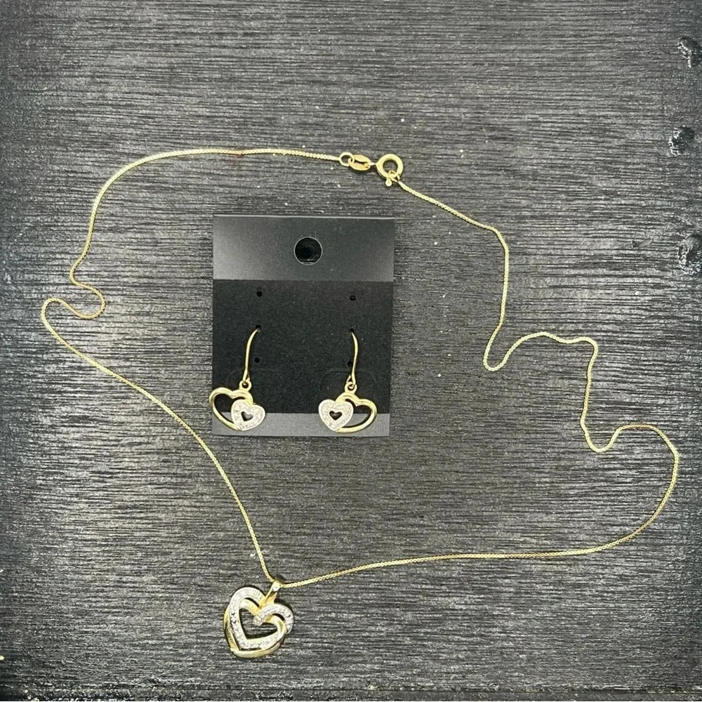 DOUBLE HEART 14k over 925 Sterling Silver necklace and earring set - Picture 2 of 4